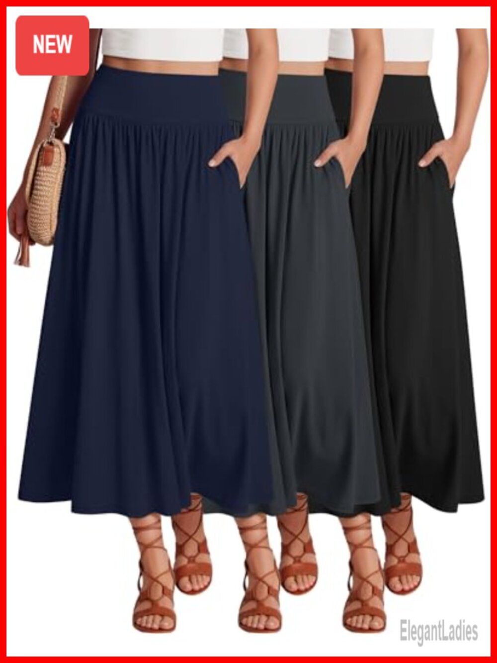 3 Pack Maxi Long Skirts Pleated A-Line High Waisted Ankle Length Women